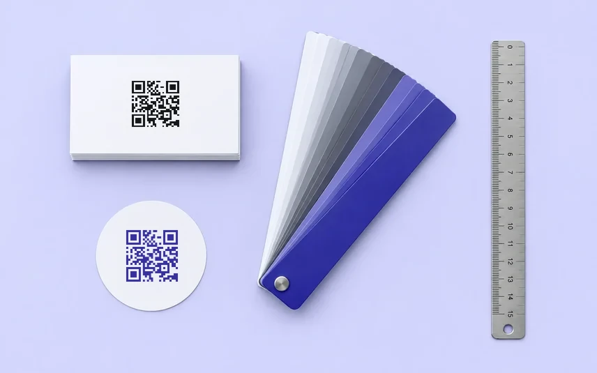 Vus de dessus sur fond indigo pâle : une pile de cartes de visite à QR code noir, un autocollant rond à QR code indigo, un nuancier gris et indigo déployé et une réglette.