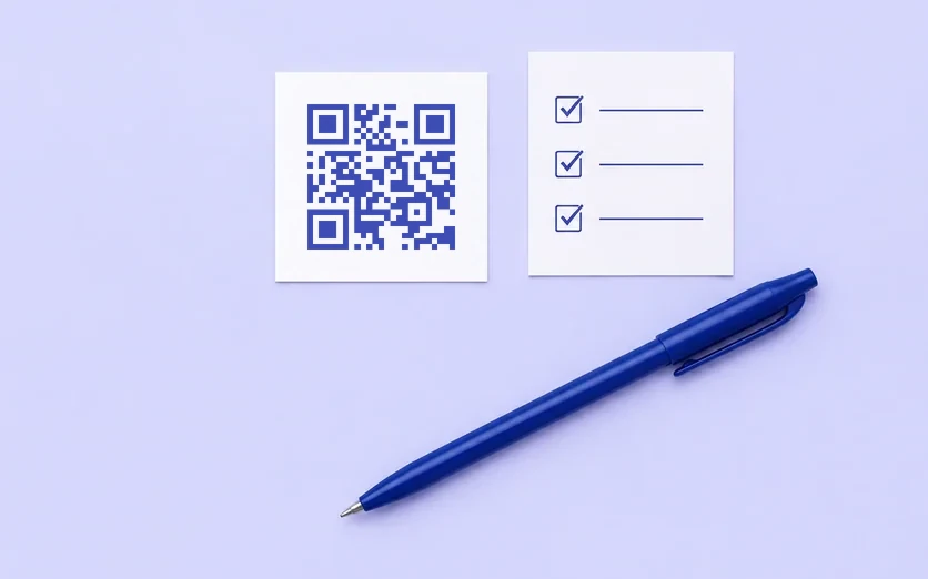 Vus de dessus sur fond indigo pâle : un autocollant à QR code indigo, une petite liste aux trois cases cochées et un stylo indigo.