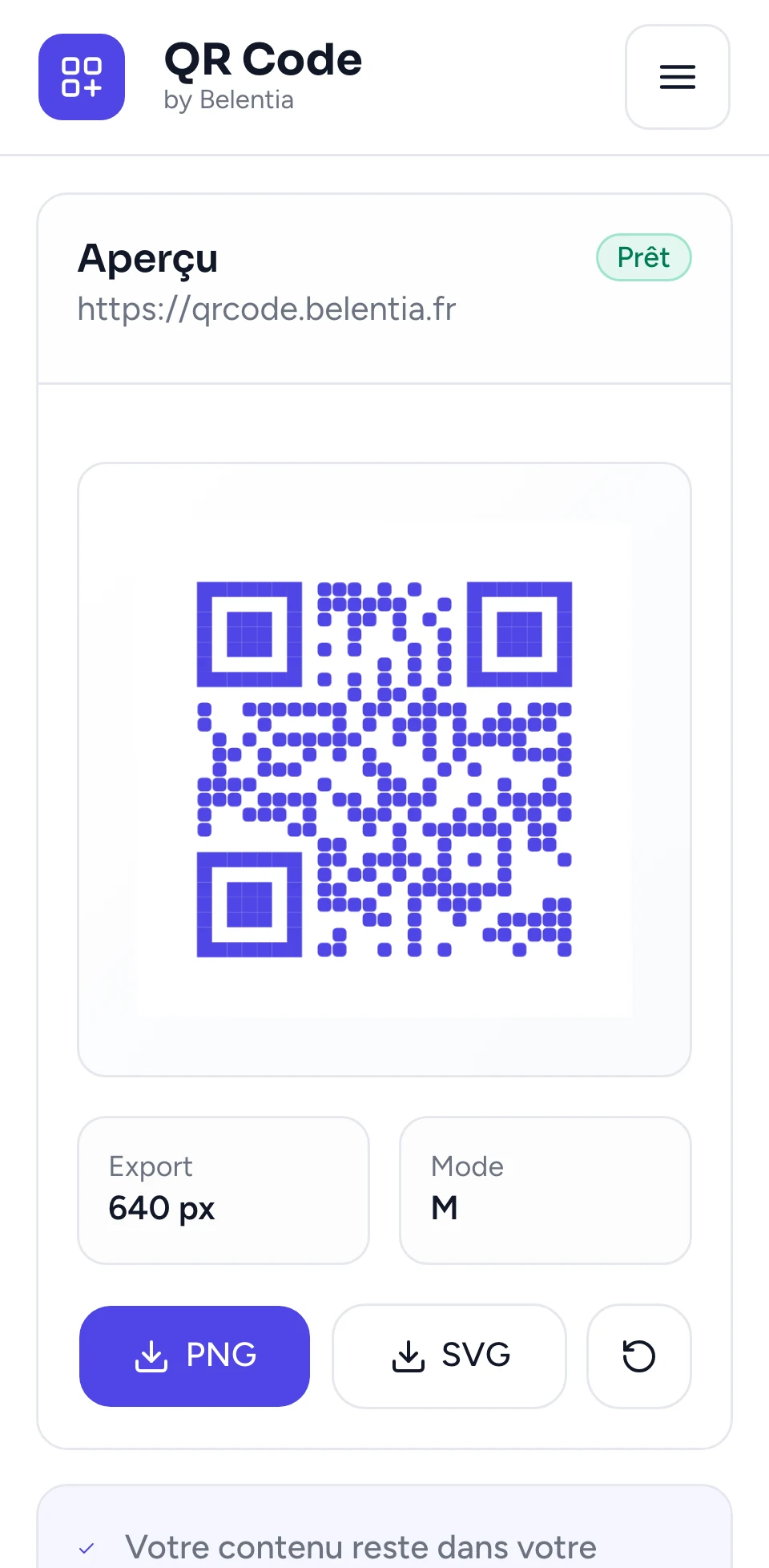 Le générateur sur téléphone : la carte Aperçu avec le QR code indigo aux modules arrondis de https://qrcode.belentia.fr, l'export 640 px et les boutons PNG et SVG.