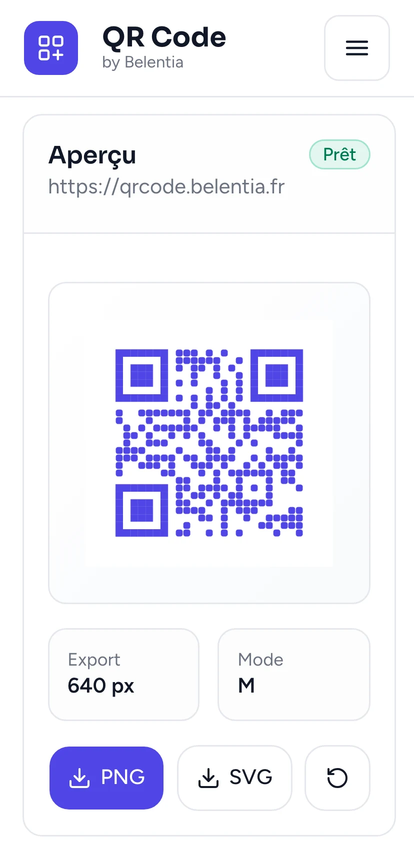 Le même générateur sur téléphone : la carte Aperçu avec le QR code indigo aux modules arrondis de https://qrcode.belentia.fr, l'export 640 px et les boutons PNG et SVG.