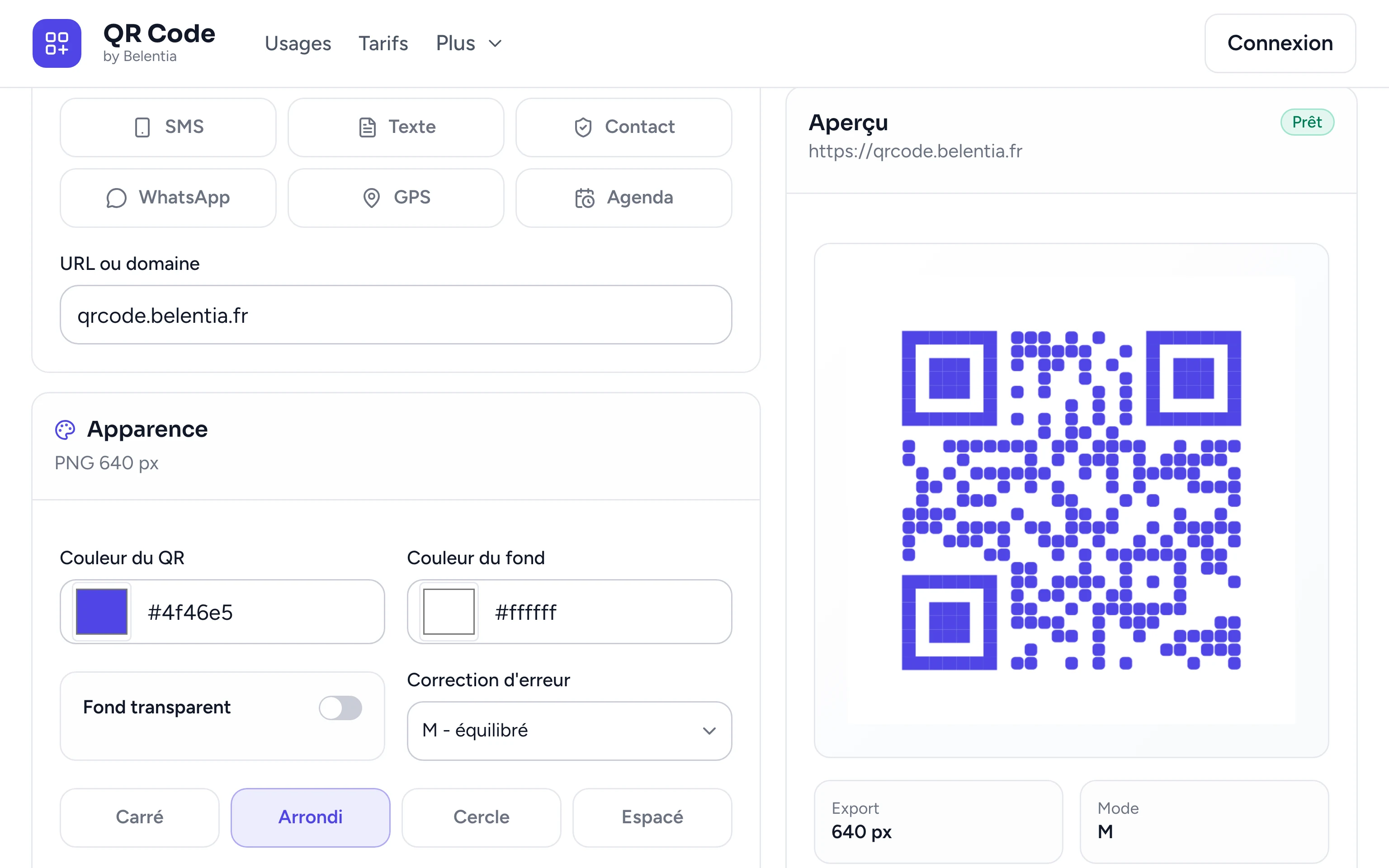 Le générateur QR Code by Belentia sur ordinateur, vu de près : le lien qrcode.belentia.fr saisi, la couleur #4f46e5 et la forme Arrondi choisies dans Apparence ; à droite, l'aperçu montre le QR code indigo aux modules arrondis, prêt.