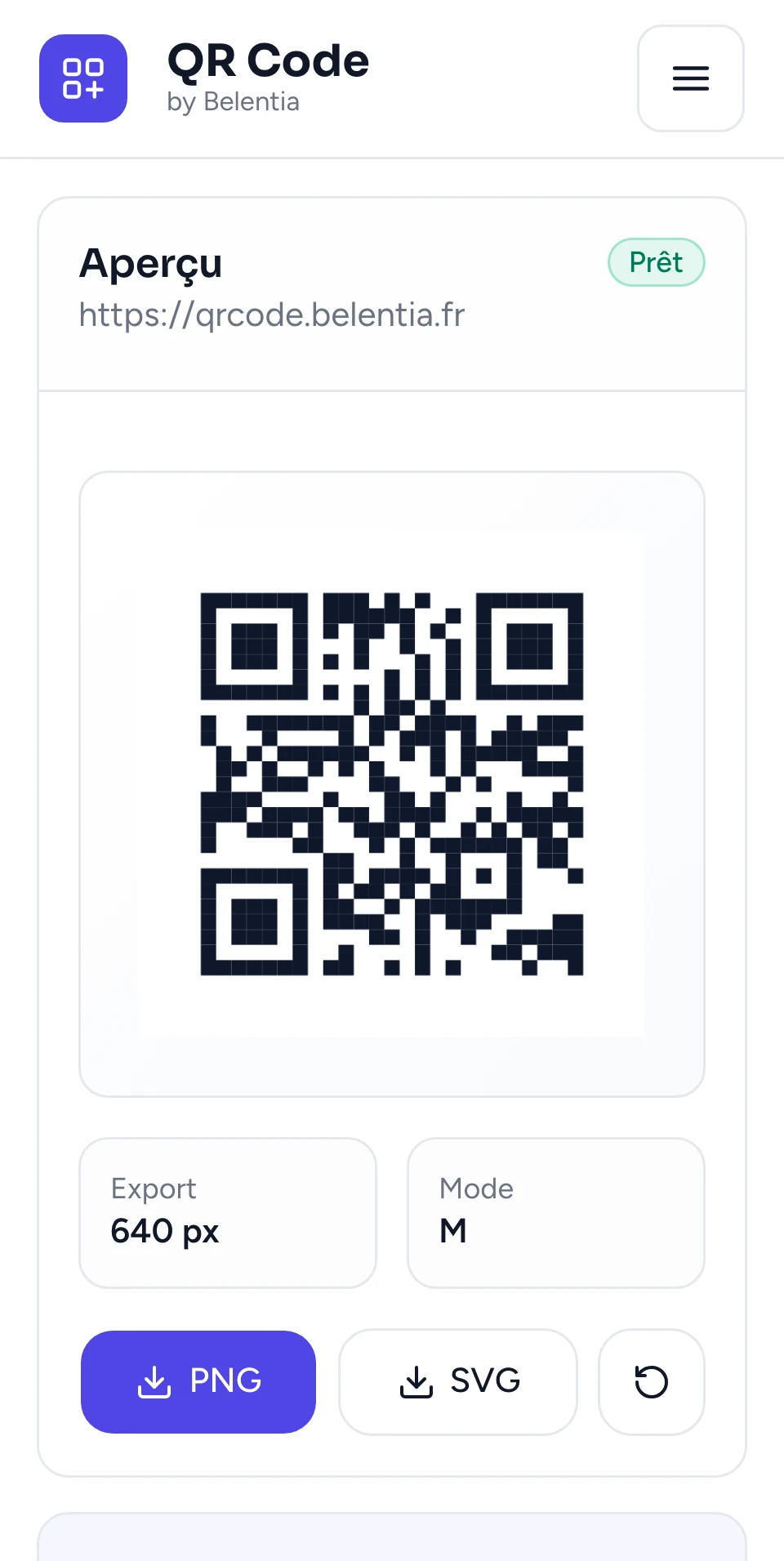L'aperçu du générateur QR Code by Belentia sur téléphone : le QR code est prêt, avec les boutons de téléchargement PNG et SVG.