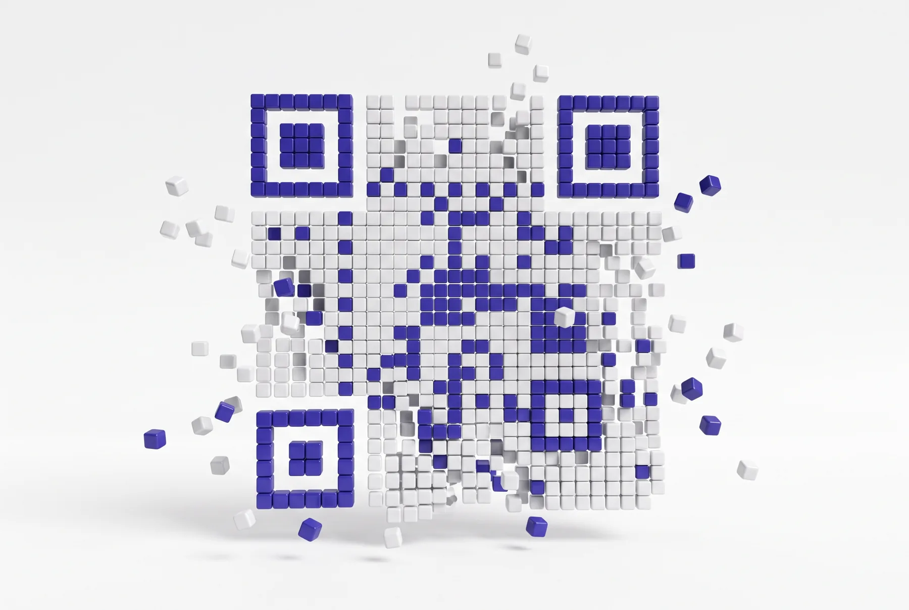 Un QR code construit en cubes blancs et indigo.