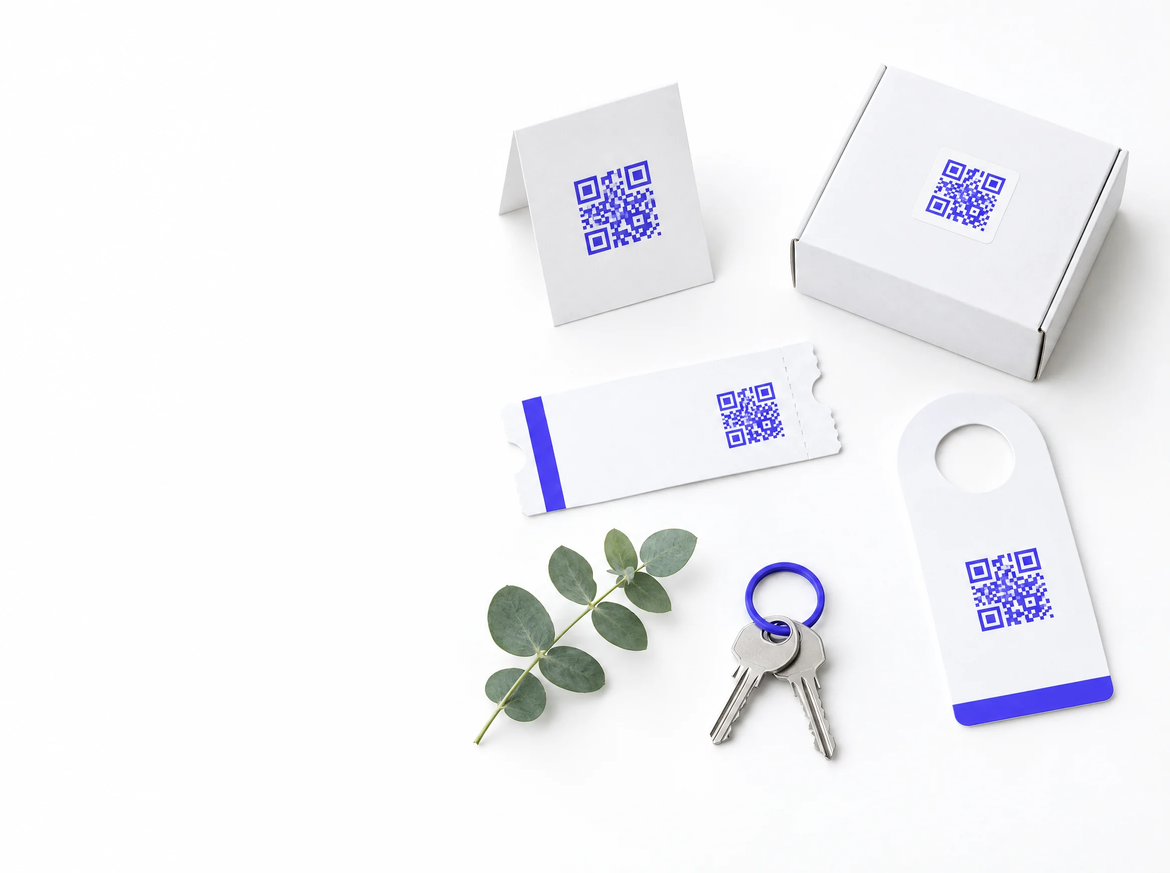 Illustration : des supports imprimés vus de dessus (chevalet de table, boîte, billet, accroche-porte), chacun avec un QR code indigo, à côté d'un trousseau de clés et d'un brin d'eucalyptus.