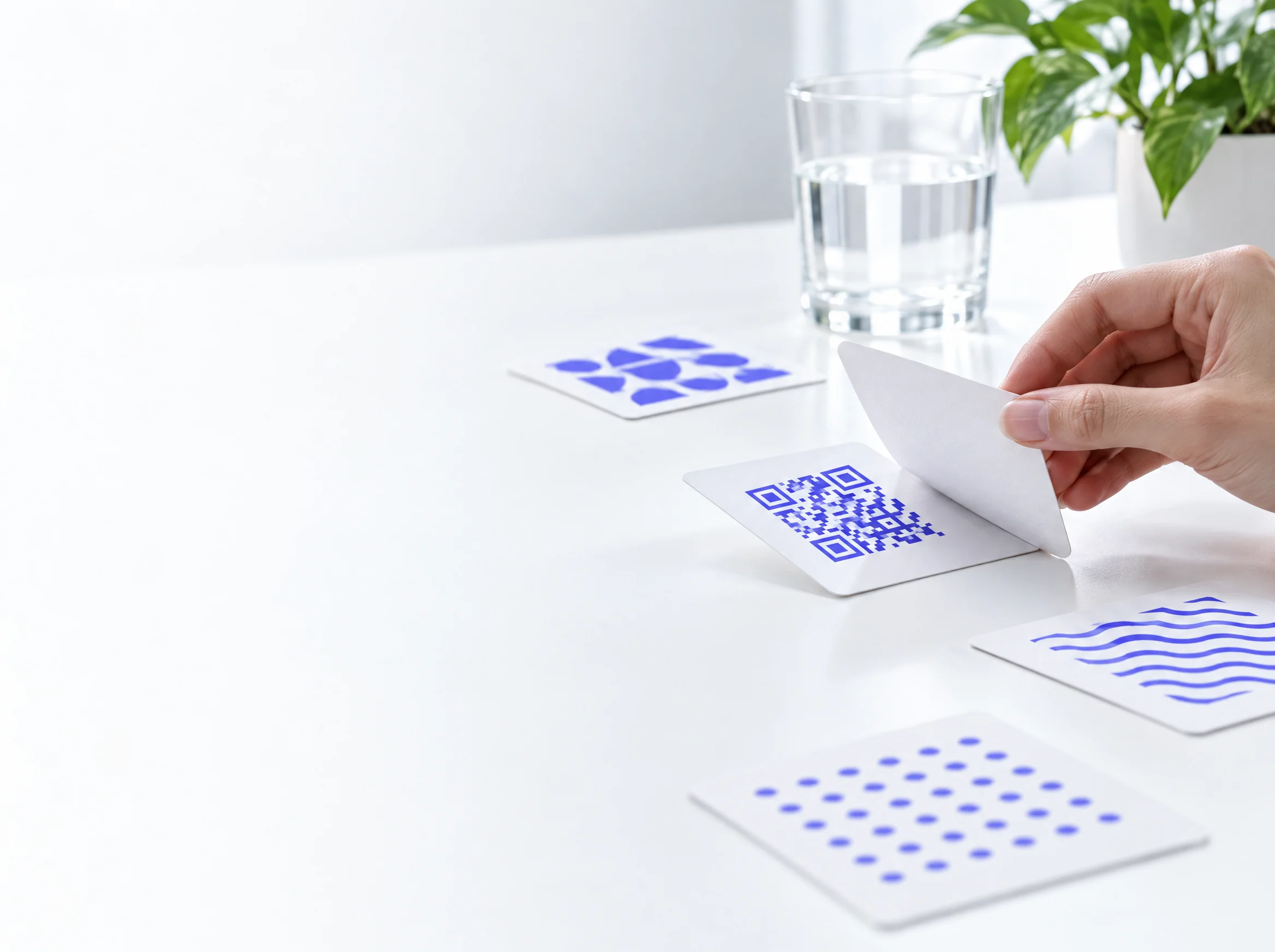 Illustration : une main retourne une carte imprimée d'un QR code indigo, parmi d'autres cartes aux motifs variés, près d'un verre d'eau et d'une plante.