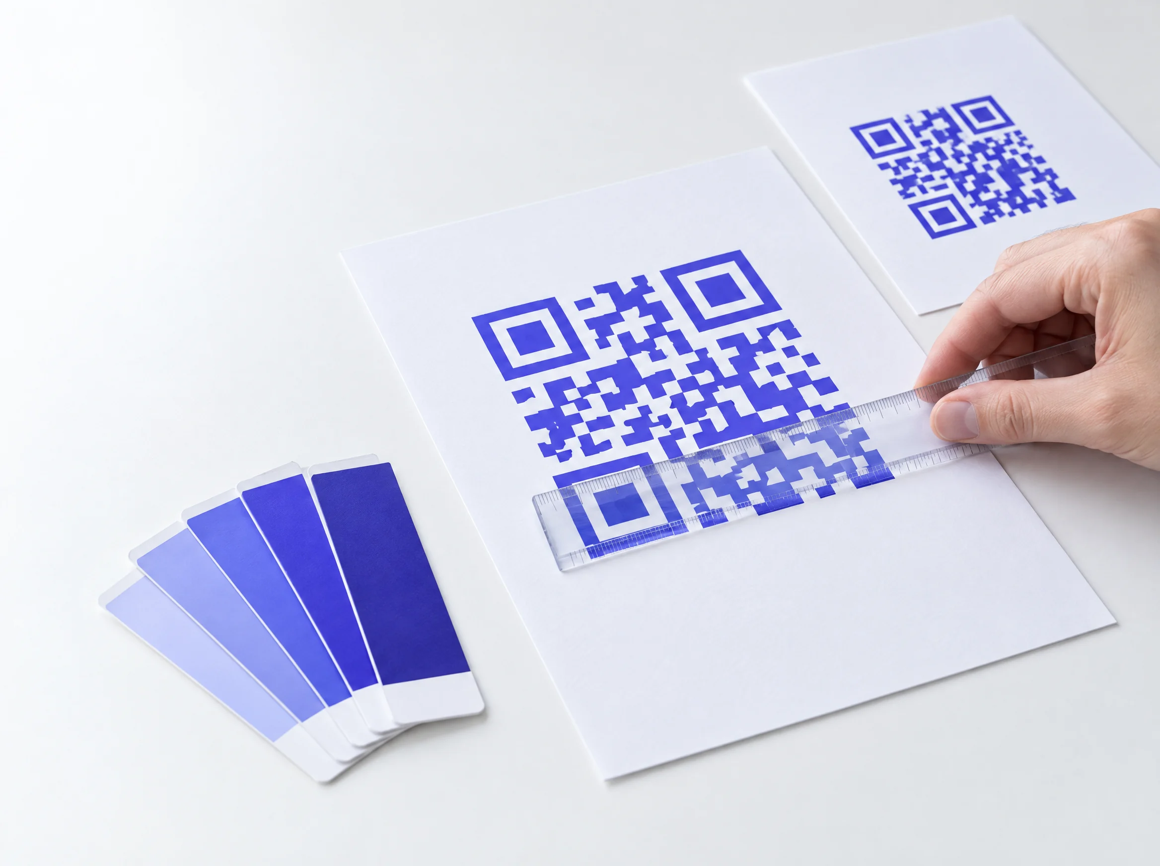 Illustration : une main mesure un QR code imprimé avec une règle transparente, à côté d'un nuancier indigo et d'un second tirage plus petit.