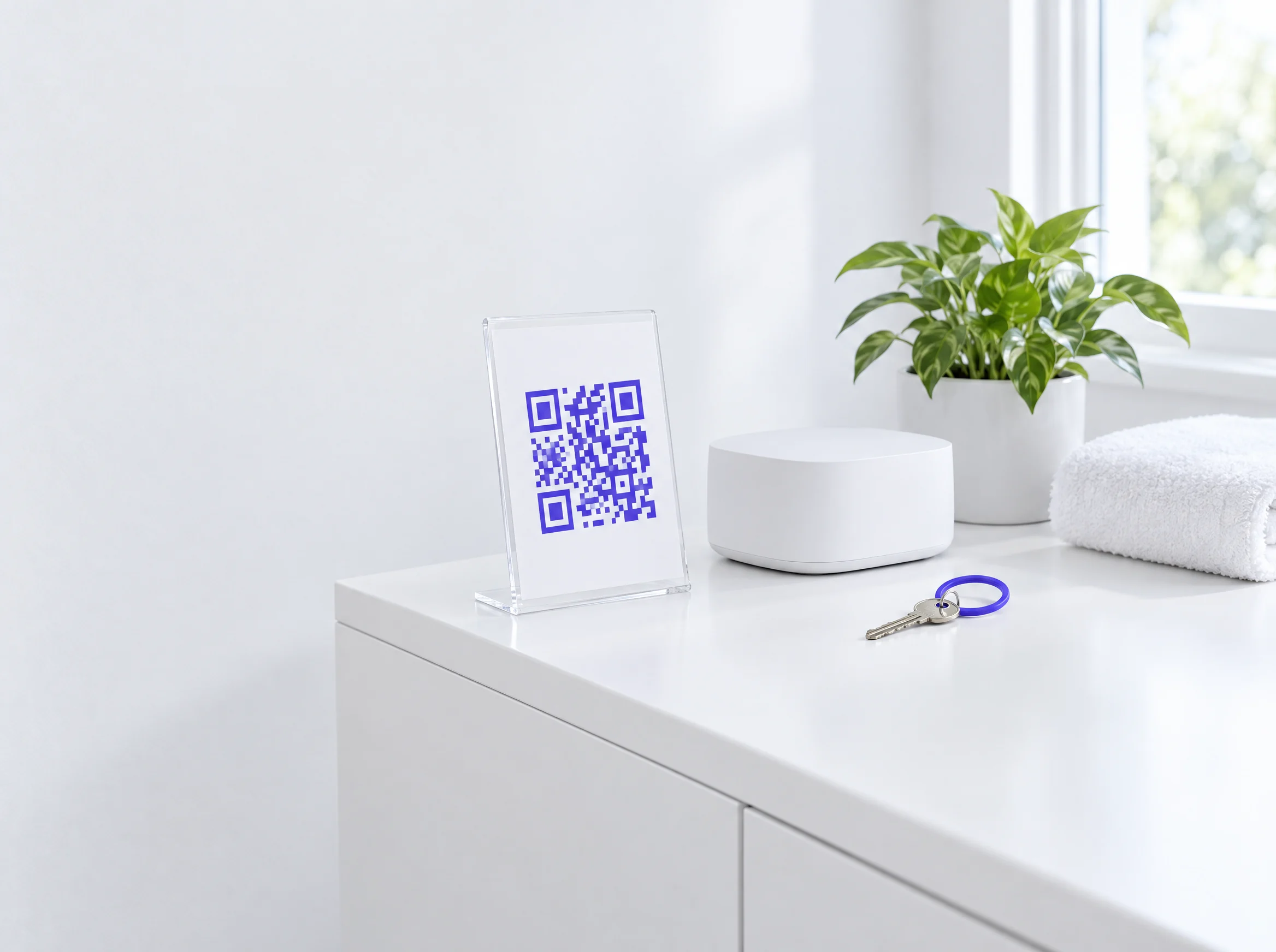 Illustration : sur une console d'entrée blanche, un chevalet transparent présente un QR code indigo à côté d'une box Wi-Fi, d'une plante et d'une serviette pliée.