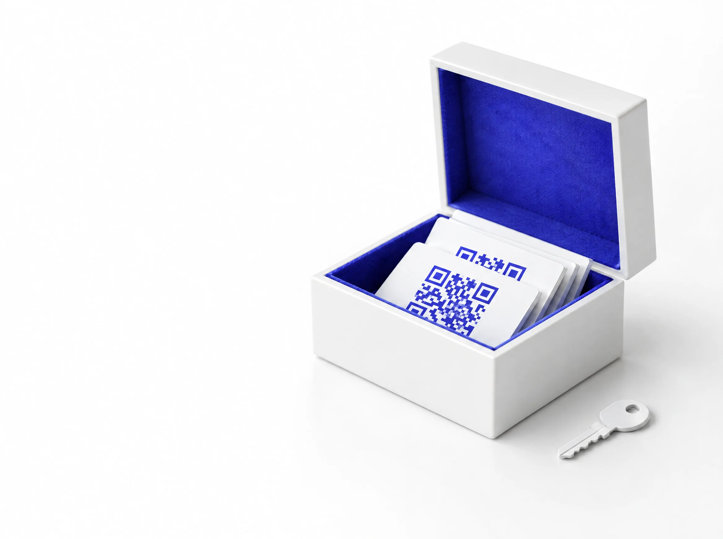 Illustration : un coffret blanc doublé d'indigo, ouvert, rempli de cartes imprimées de QR codes, avec une petite clé posée à côté.