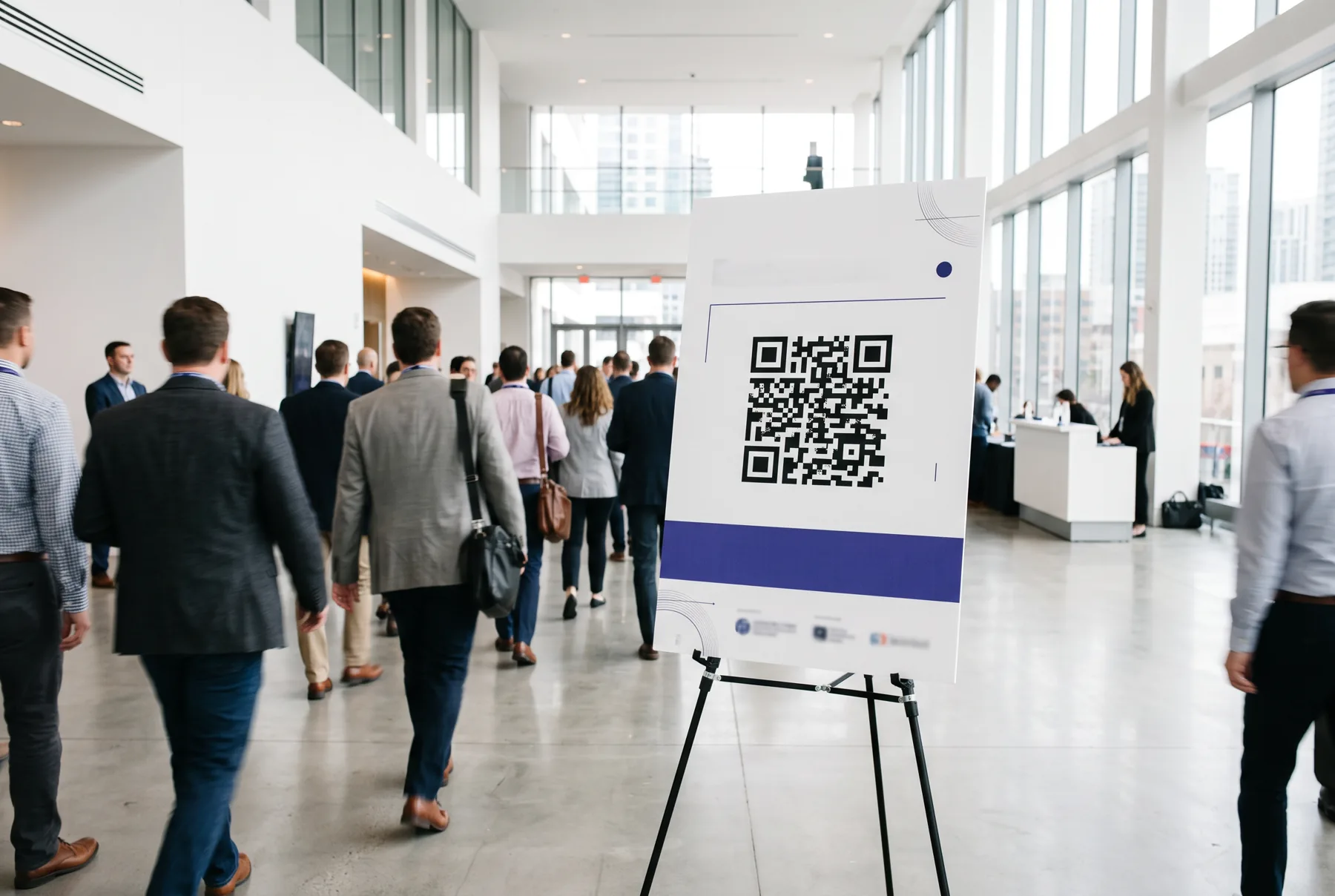 Un panneau avec QR code à l'entrée d'un événement.