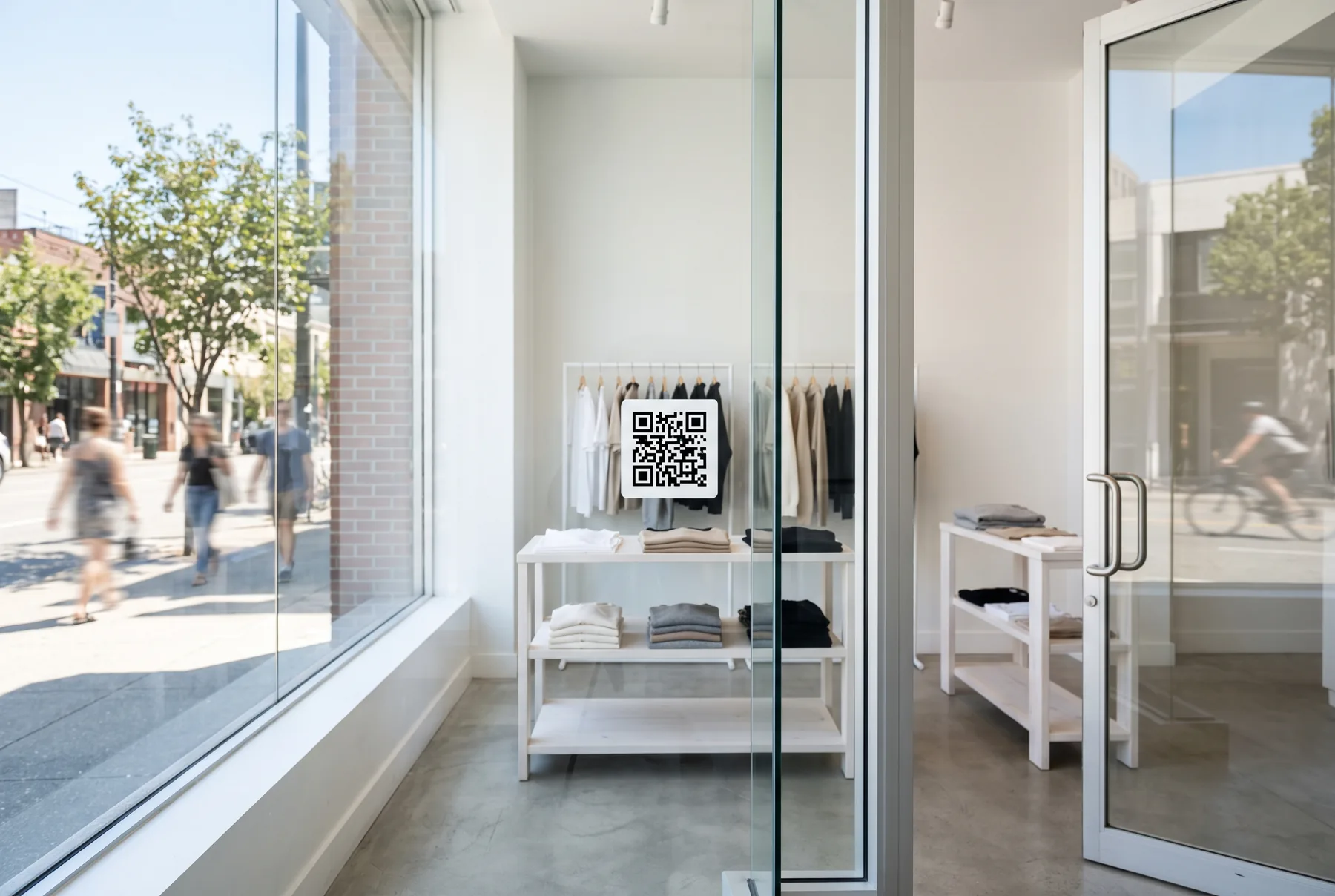 Un QR code collé sur la vitrine d'une boutique.